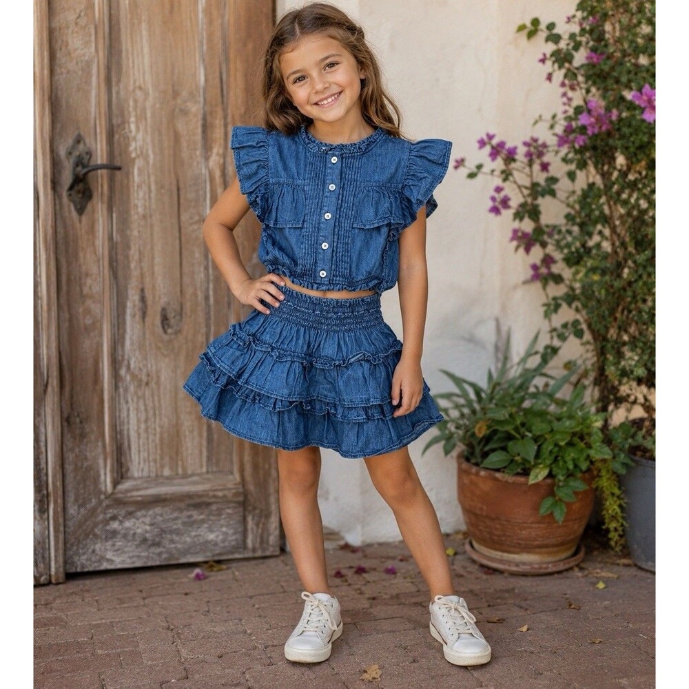 Gap x LoveShackFancy Kids Denim Set Ruffle Button Top Flippy Skirt Set Sz 6-7